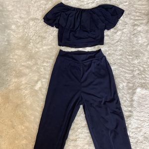 Navy off shoulder two piece set